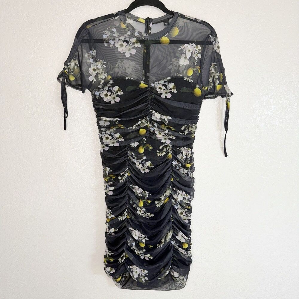 ALLSAINTS Giorgia Eugenia Mesh Ruched Mini Dress Sz 6 Black Floral Lemon Whimsy